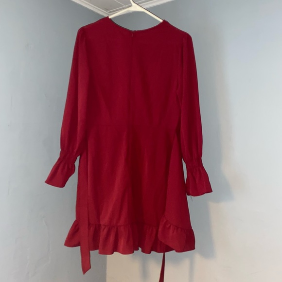Red Long Sleeve Dress Mid Thigh Dress Faux Wrap - Picture 3 of 7